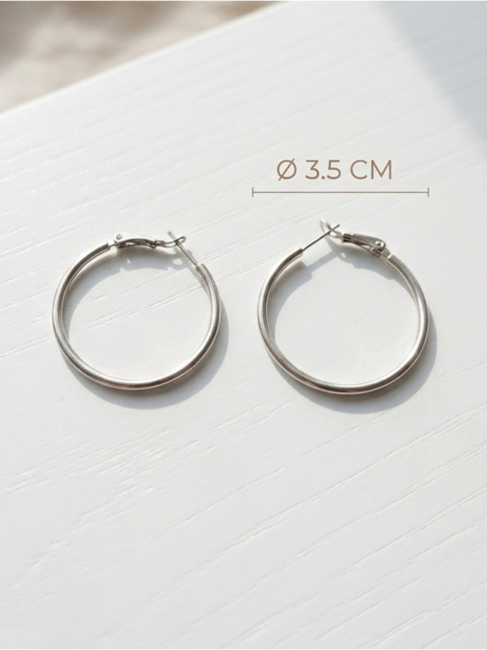 Classic Silver Tone Hoop Earrings (3.5 cm) Platinum Plated | Minimalist Jewelry - Picture 5 of 9